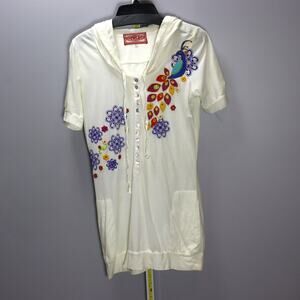 JWLA Embroidered Hooded Henley Tunic Dress Ivory Size M Boho Y2K